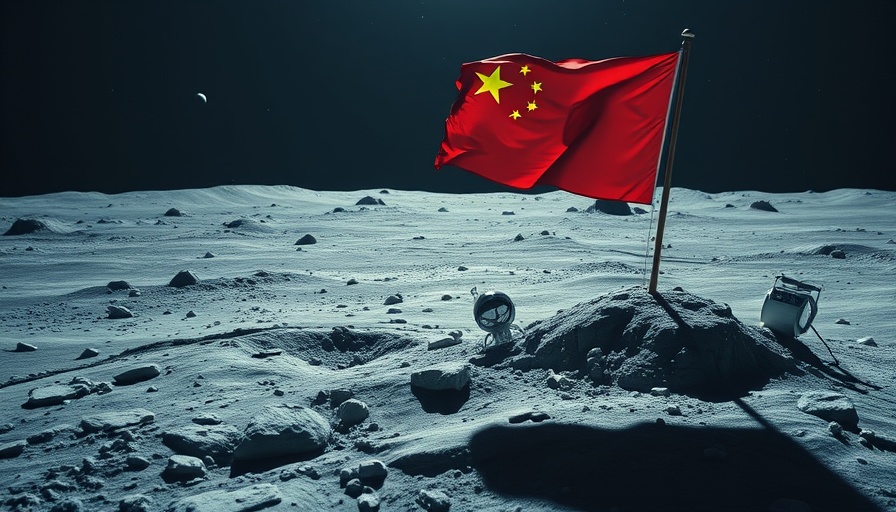Chinese flag on lunar surface with space backdrop.