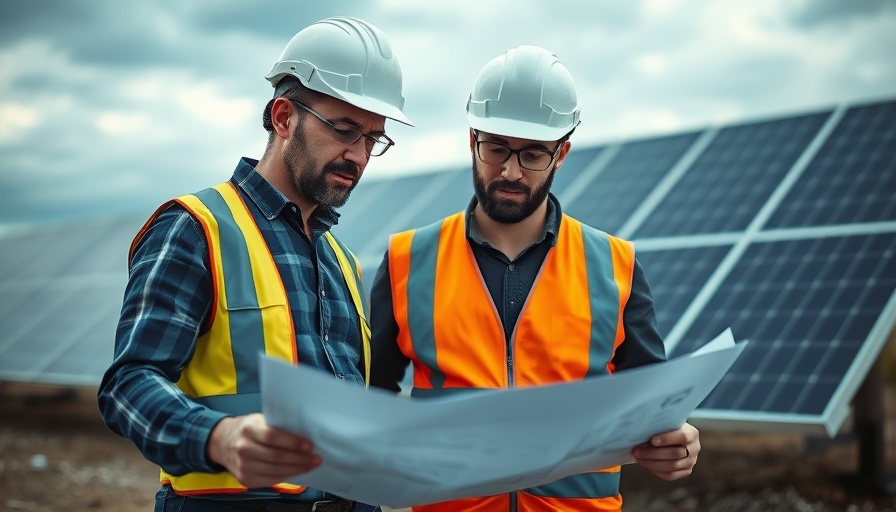 Man with helmet reviews solar plans at Arizona site.