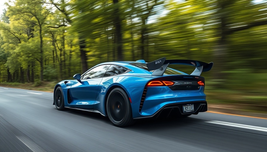 Sleek blue electric rally car speeding on forest road.