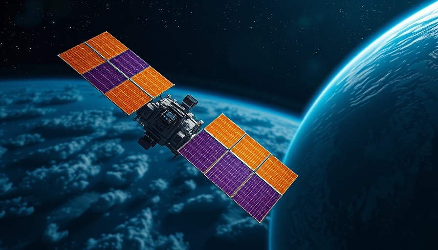 Futuristic satellite orbiting Earth with solar panels, Atomic 6 Solar Technology Investment.