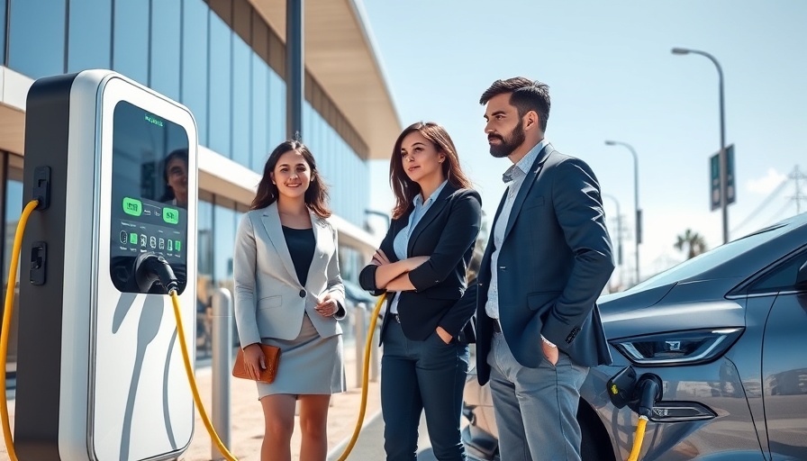 People at public electric vehicle charging depot on a sunny day.