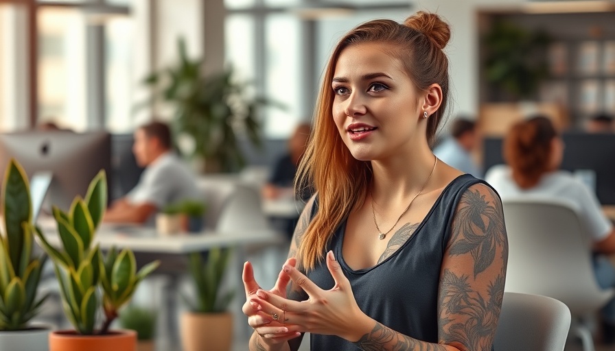 Young woman in office talking about solar install queue.