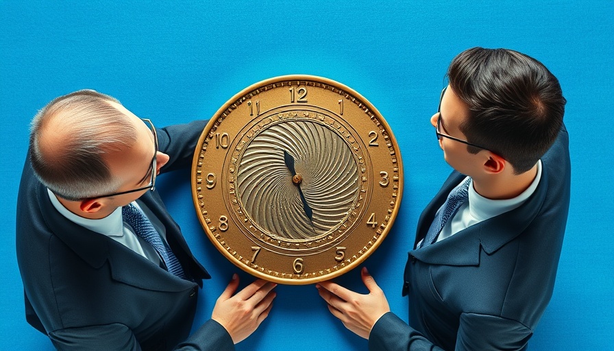 Financial advisors inspecting a coin clock, symbolizing time-saving strategies.