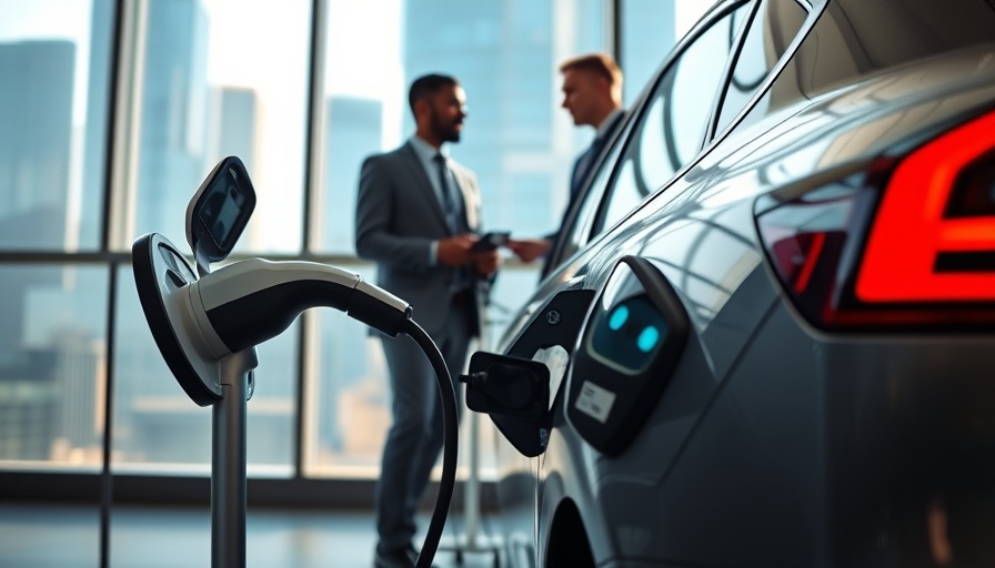 Electric vehicle charging with business professionals discussing in the background.