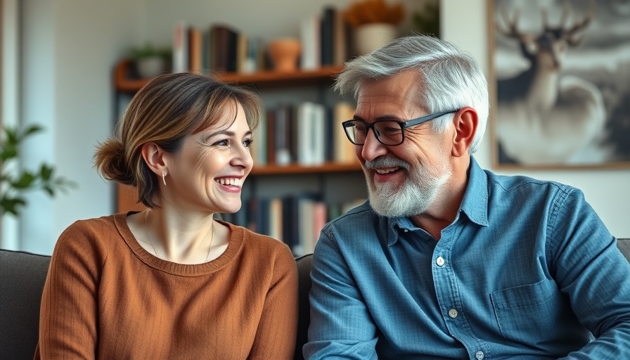 Smiling mature man and young woman discussing in a living room.