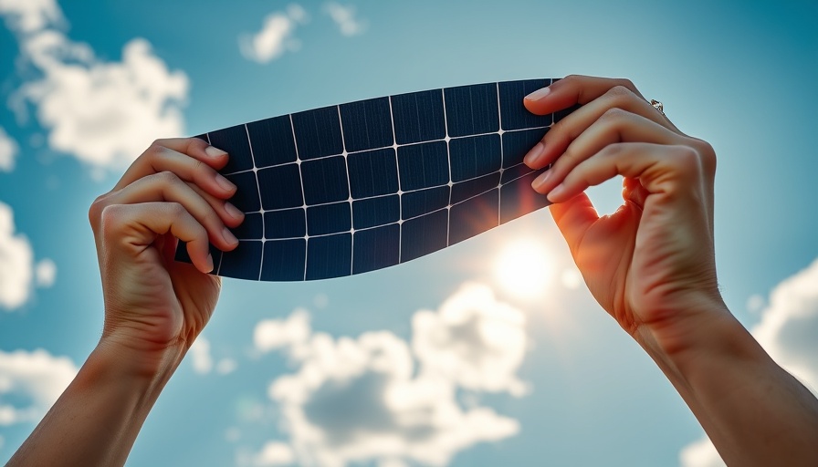 Hands holding flexible solar panel against sky.