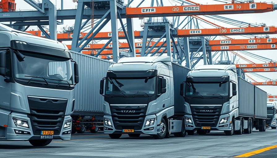 Modern automated trucks at a port demonstrating driverless operations.