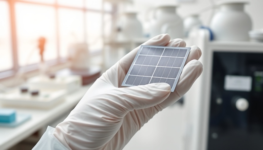 Flexible solar cell held in gloved hand, laboratory setting.