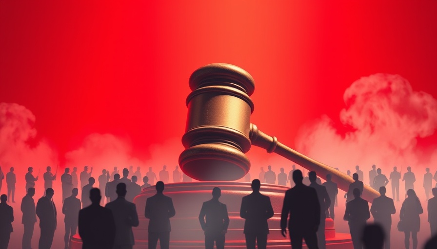 Surreal gavel with people on red, symbolizing class-action settlement.