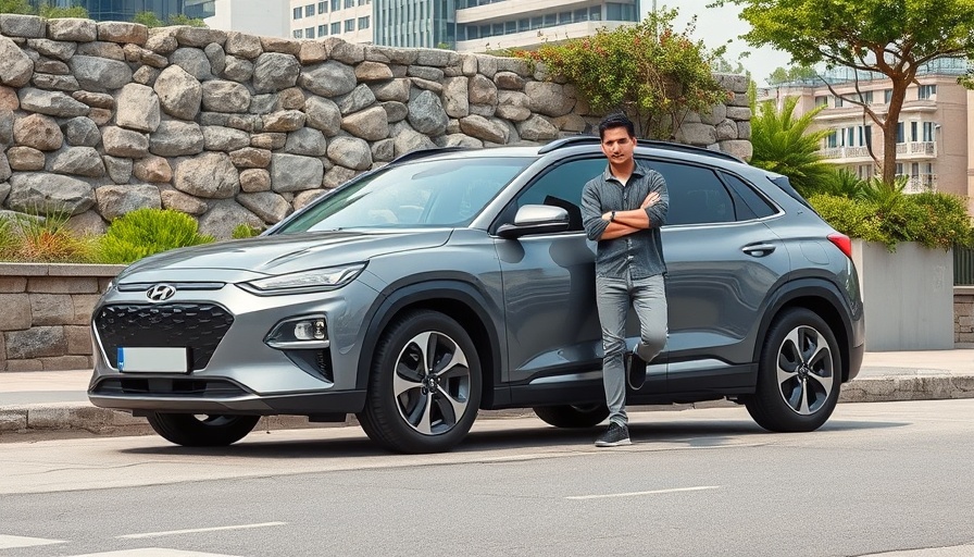 Hyundai Ioniq 9 electric SUV in urban setting with person posing for review.