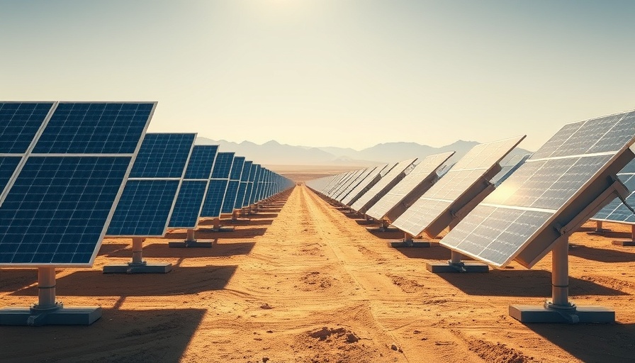 Extensive solar panel array in a desert landscape under clear blue skies.