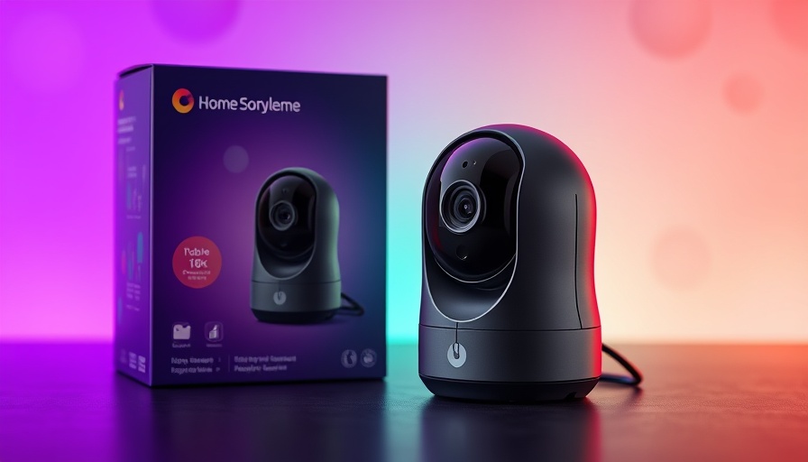 Innovative home security camera with packaging, vibrant backdrop.
