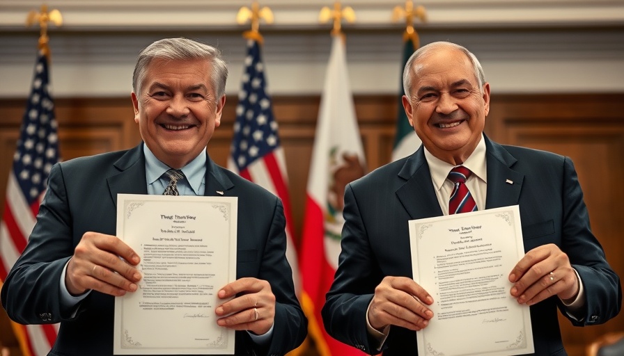 Officials sign agreement on solar energy adoption policies, international flags in background.