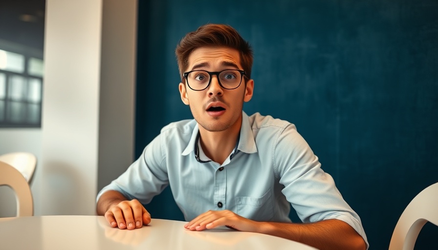 Young man surprised about electric bill cost, indoor setting.