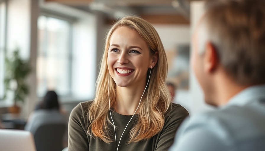 Smiling woman with earbuds in a business setting.
