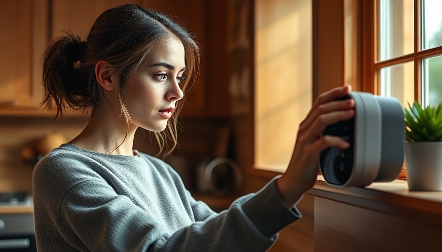 Woman adjusting smart thermostat in cozy kitchen, privacy data.