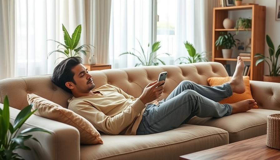 Person relaxing and using phone in cozy, plant-filled living room.