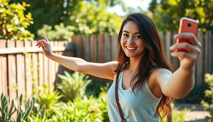Young woman selfies in sunny garden highlighting going solar benefits.