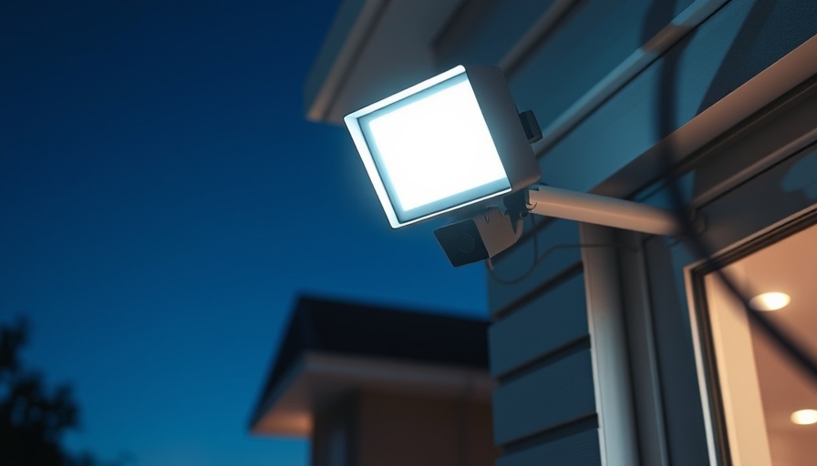 Modern home security camera with floodlights at night, best for 2025.