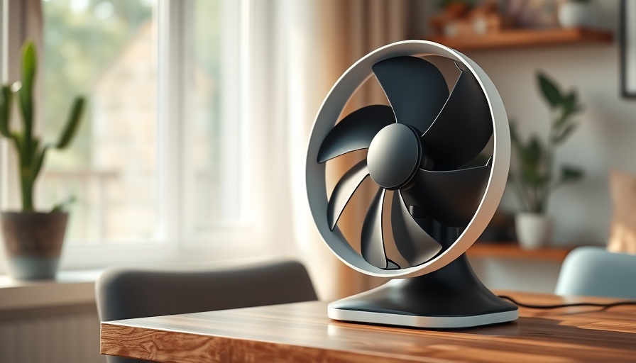 Modern smart fan on table, wireless app control feature.