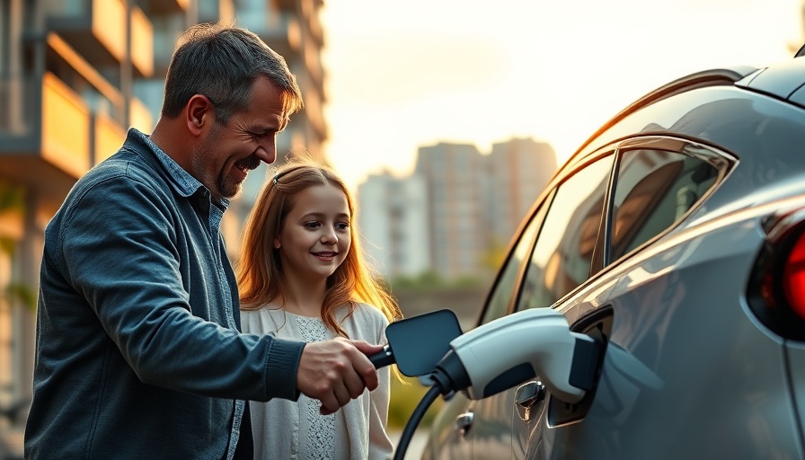 Father and daughter charging electric vehicle, urban scene.