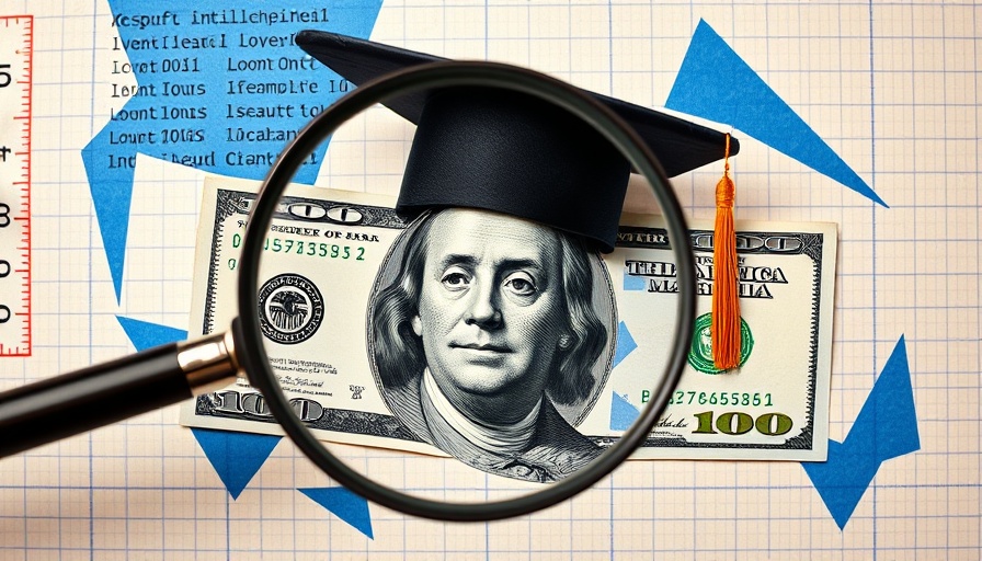 Illustration of saving for college with a magnified bill and cap.
