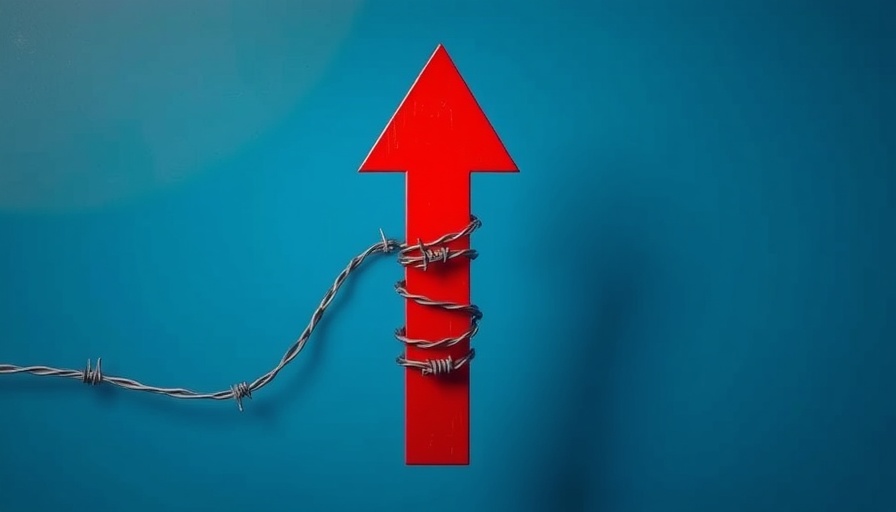 Red arrow wrapped in barbed wire on blue backdrop symbolizes economic barriers.