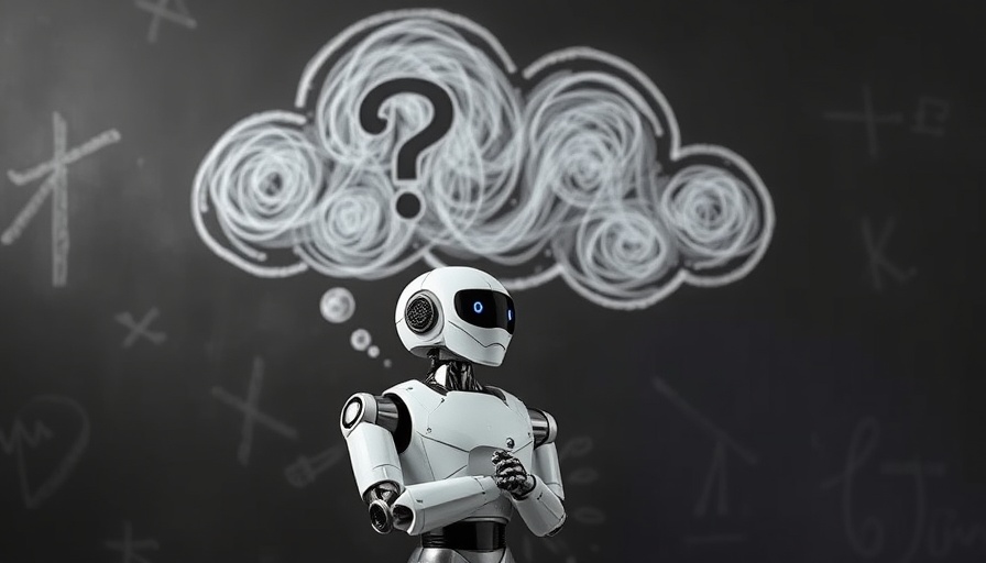 Robot pondering smart home security under cloud with question mark.