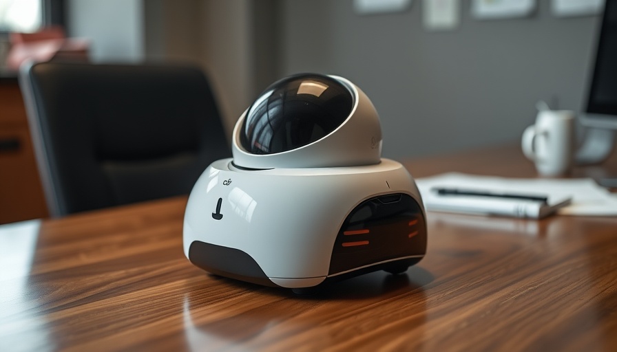 Modern home security robot on desk in office setting