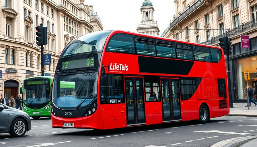 Modern electric bus in London street, urban backdrop.