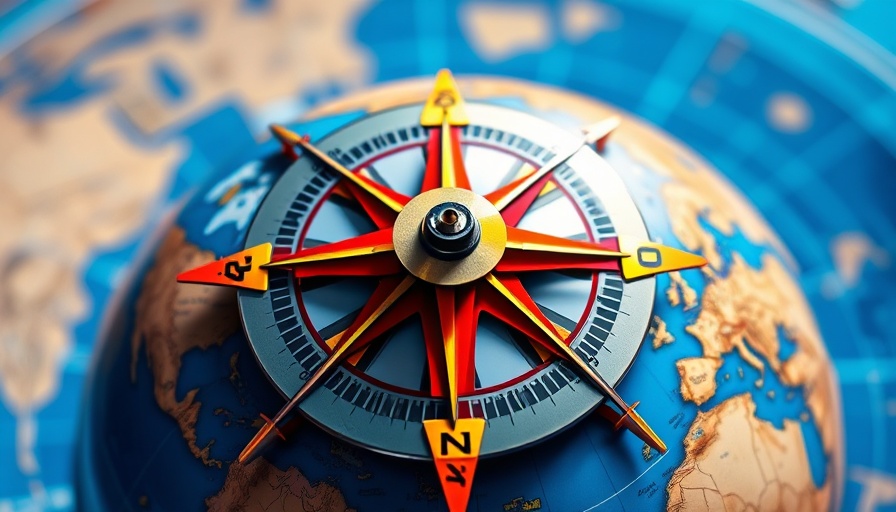 Colorful compass overlay on world map for Compass Anywhere merger.
