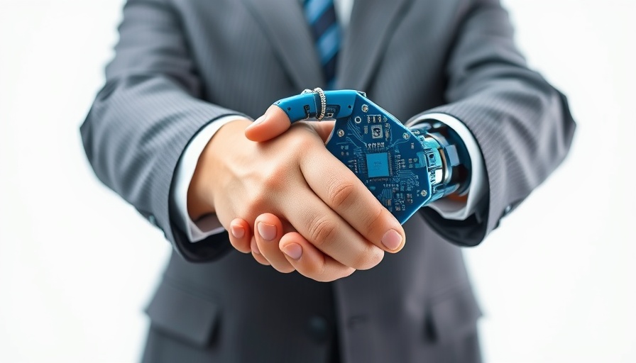Human hand in business suit shaking hands with a circuit board robotic hand, symbolizing ChatGPT for real estate agents.