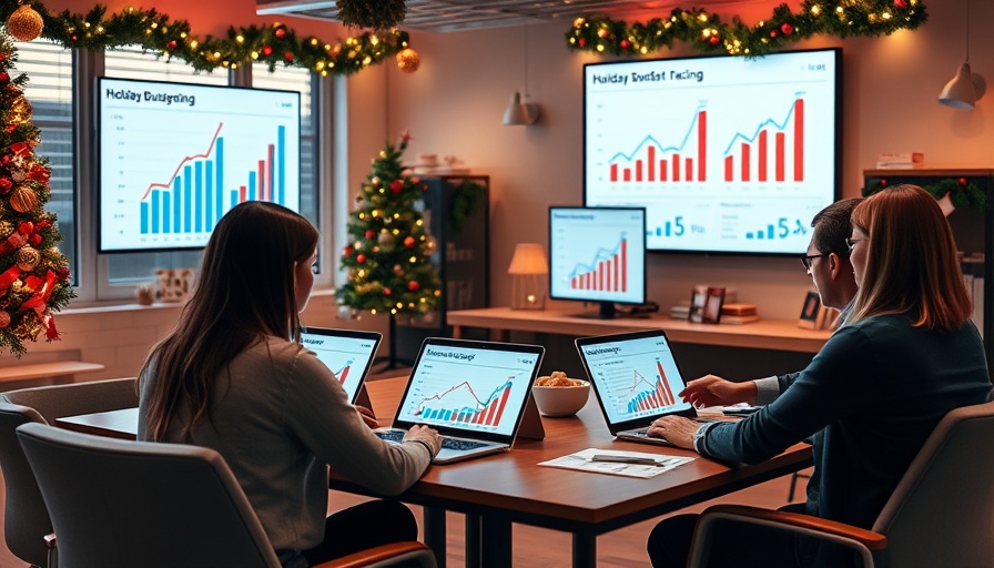 Team discusses strategies for holiday budget pacing in a festive office.