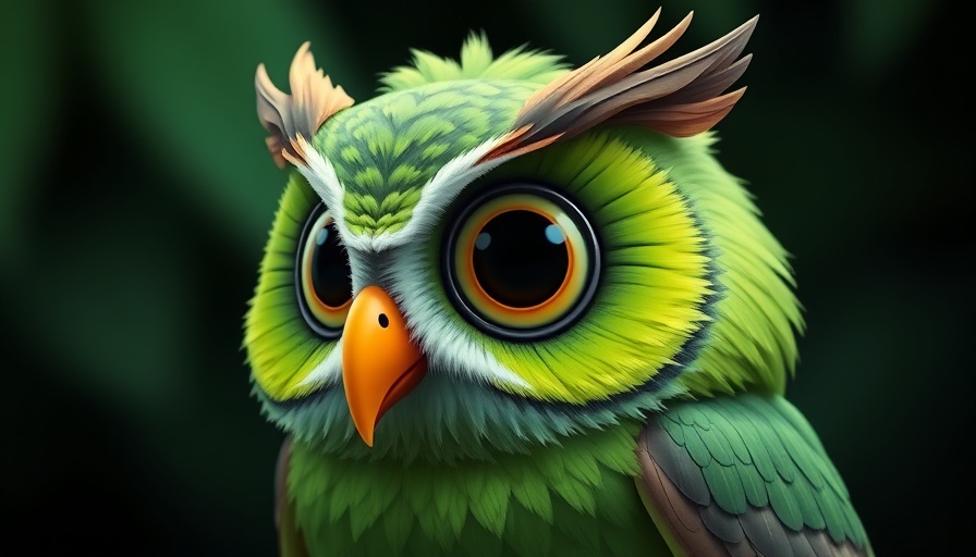 Bright green cartoon owl close-up with soft lighting.