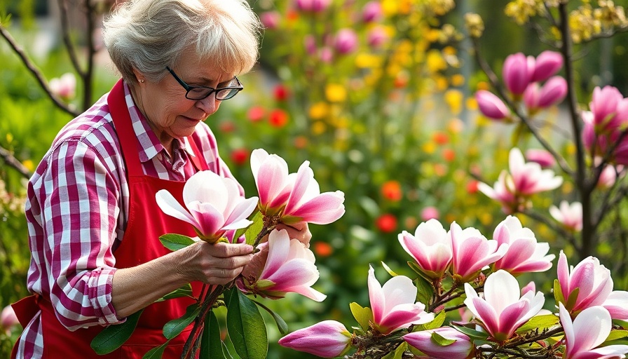 Yard preparation for selling property: Smiling woman pruning magnolia in garden.