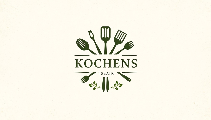 Stylized logo with kitchen tools and plants, design elements.