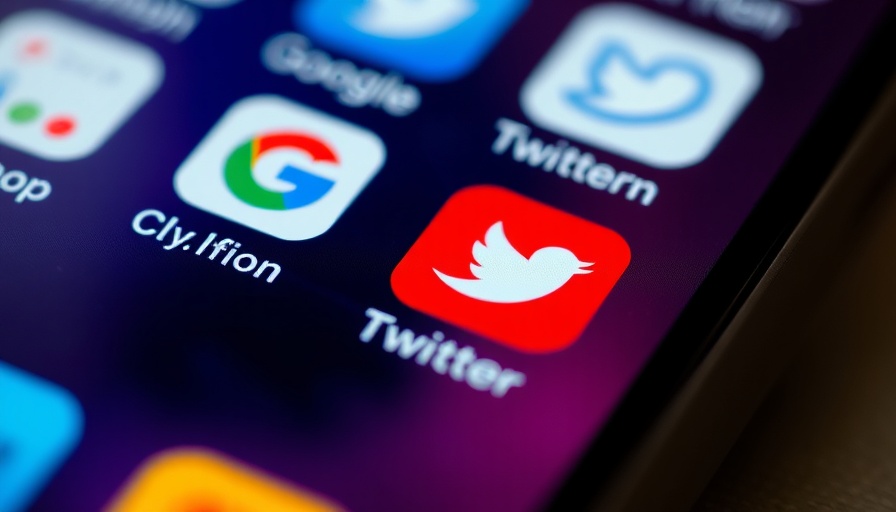 Close-up of smartphone with app icons like Google and Twitter.
