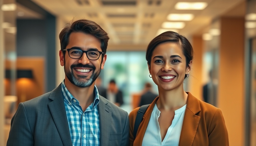 Two individuals smiling in a modern office hallway with soft lighting.