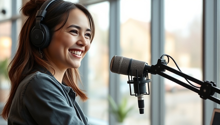 Woman podcasting with microphone discussing marketing trends.