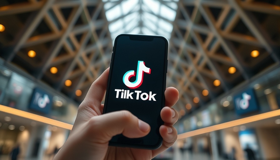 Smartphone displaying TikTok logo inside modern building.