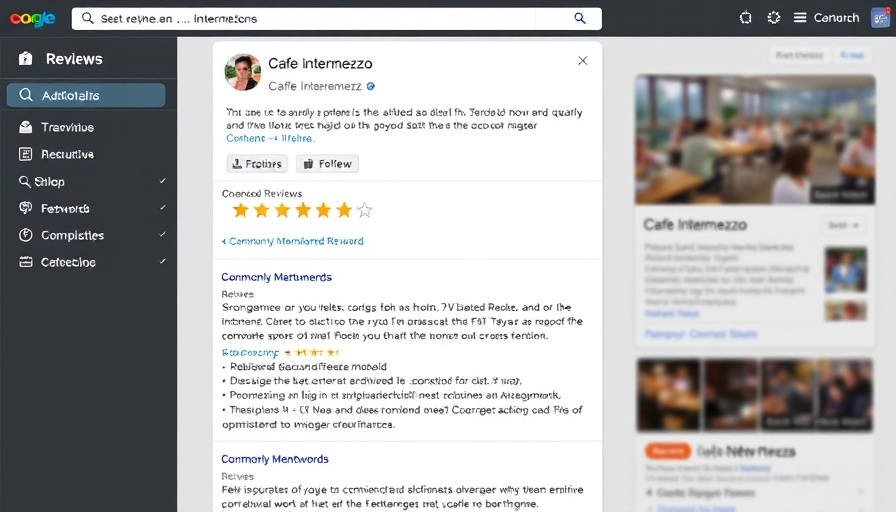 Google Reviews screenshot of Café Intermezzo ratings and keywords.