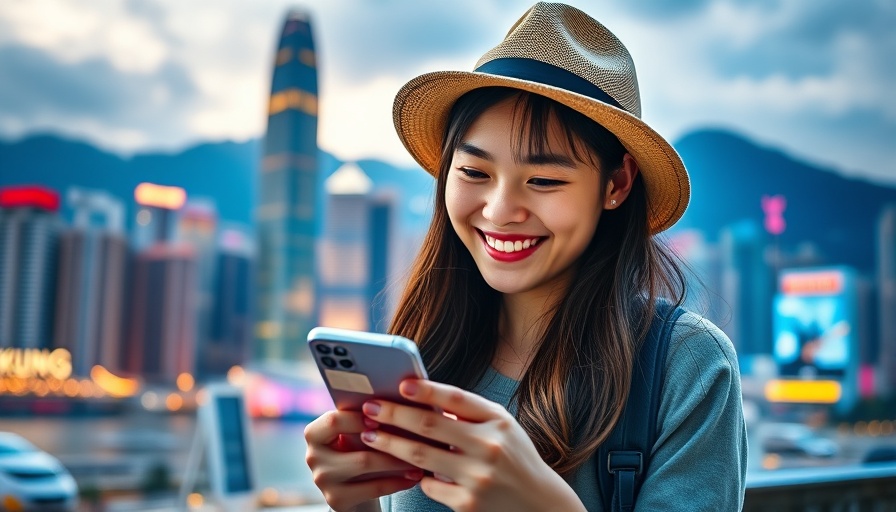 Influencer marketing scene with woman in Hong Kong skyline.