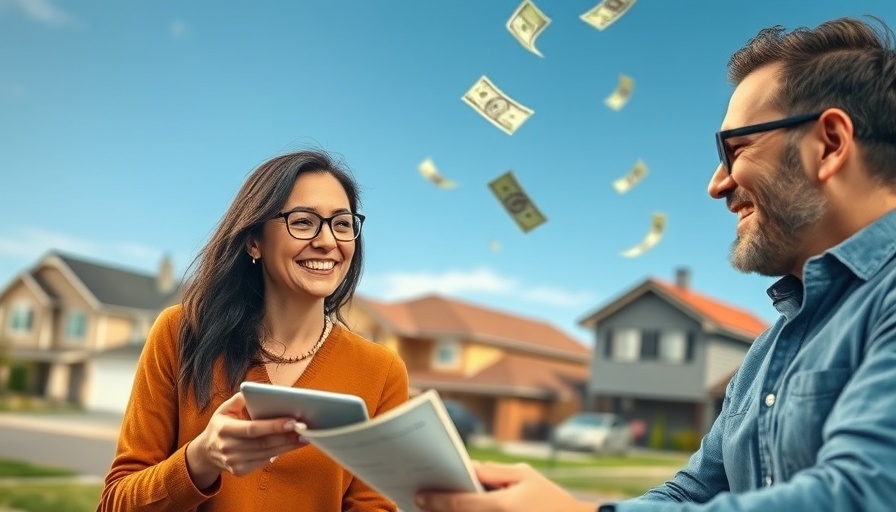 Smiling individuals discussing real estate investment with houses.
