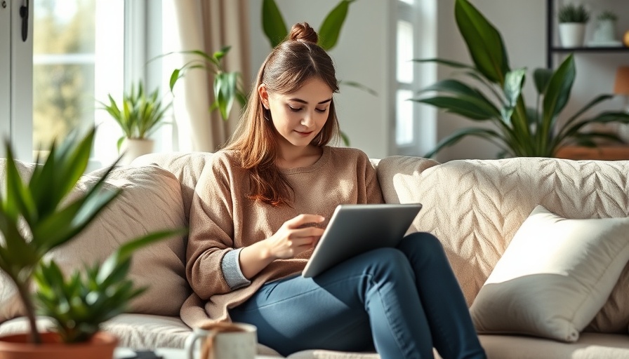 Casual woman working on a tablet at home, supporting a business launch.