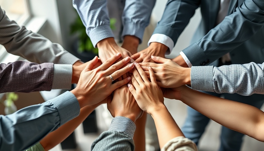 Diverse hands joined in unity during employee training.