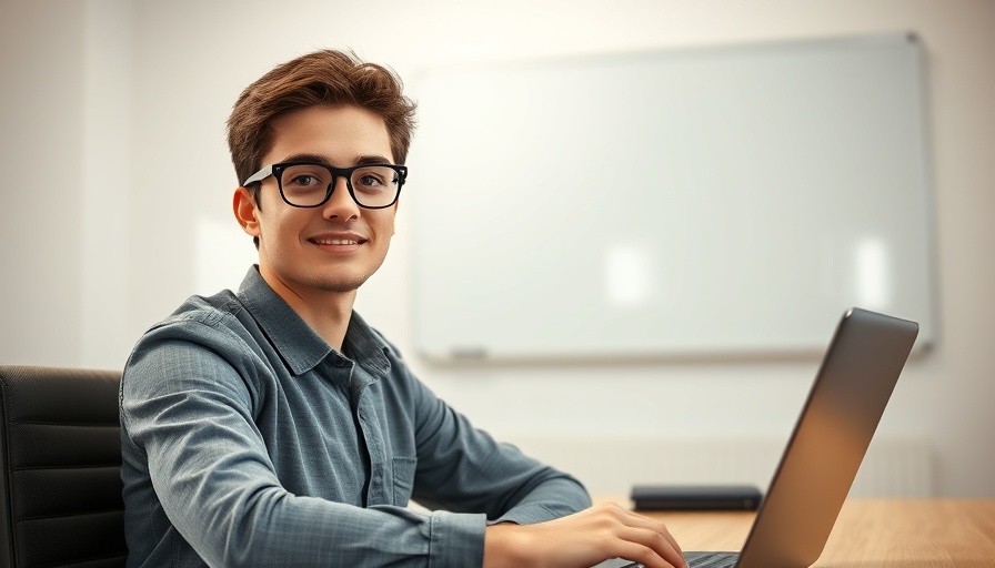 Confident man in office setting looking at camera, ERP solutions.
