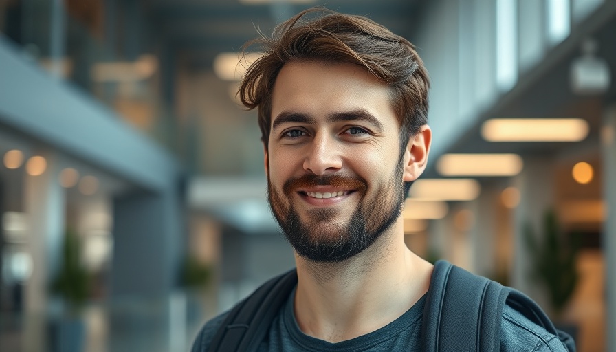 Noah Gibbs in a modern atrium, smiling casually, wearing a backpack.
