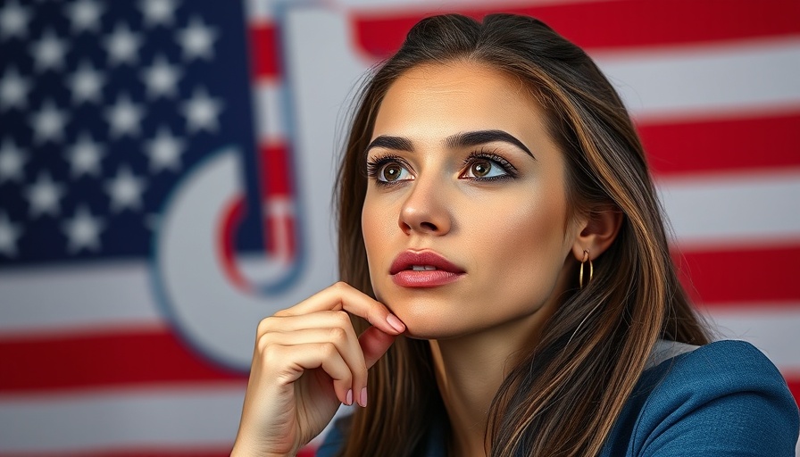 Young woman pondering TikTok ban solutions with US flag background.