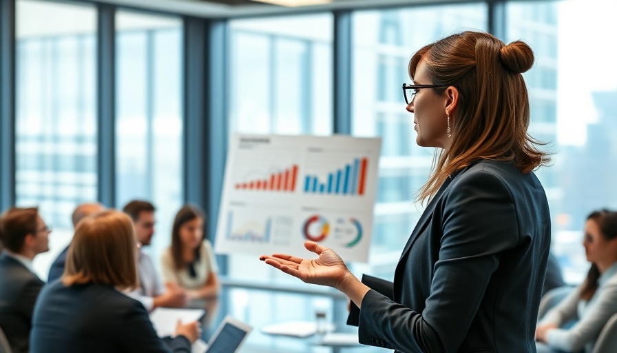 Businesswoman presenting a business proposal in a modern office.