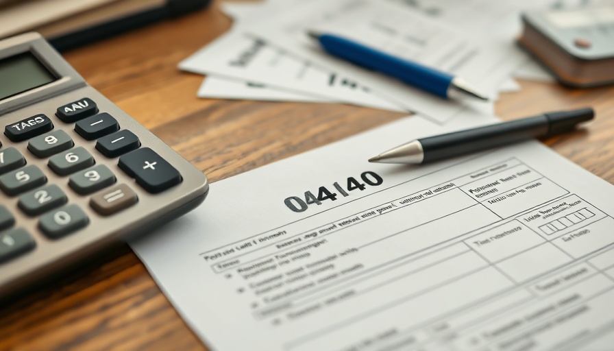 Tax form 1040 with calculator, pen for Schedule C reference